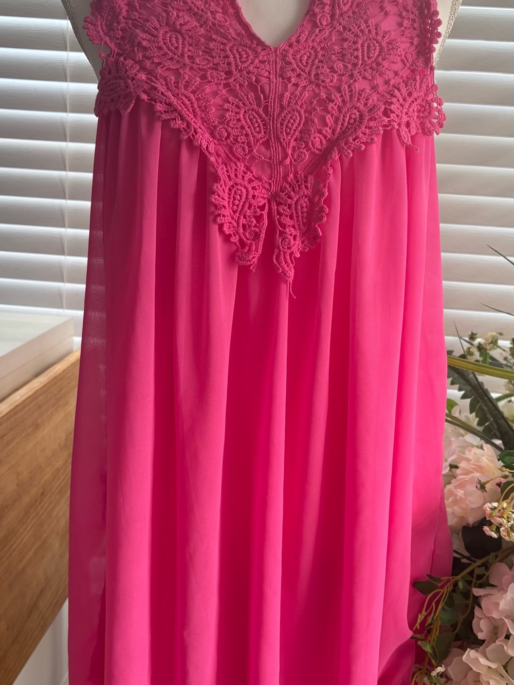 Bright Pink Lace Yoke Chiffon Dress